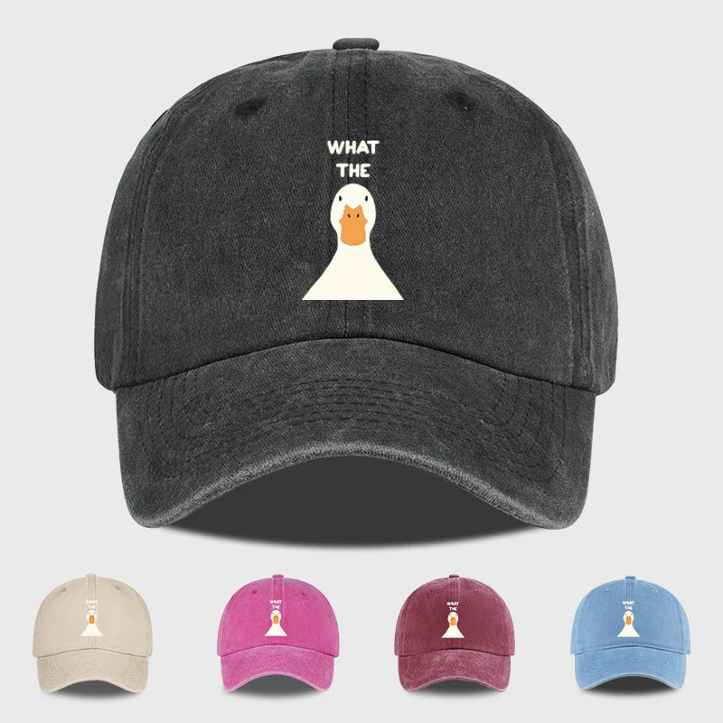 Washed Baseball Cap With What The Duck Print  Adjustable Curved Brim Dad Hat For Casual Streetwear & Daily