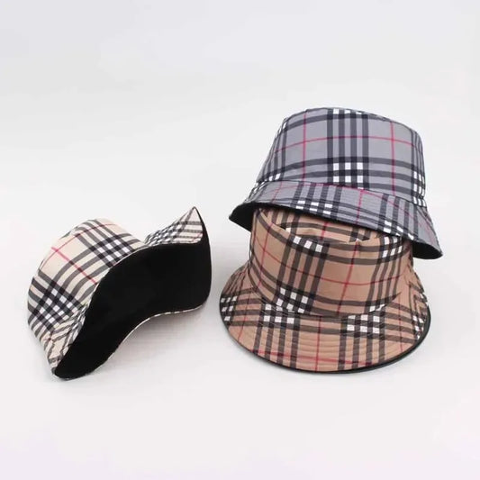 Casual Plaid Fishing Cap Spring Summer Bucket Hat Double-Sided
