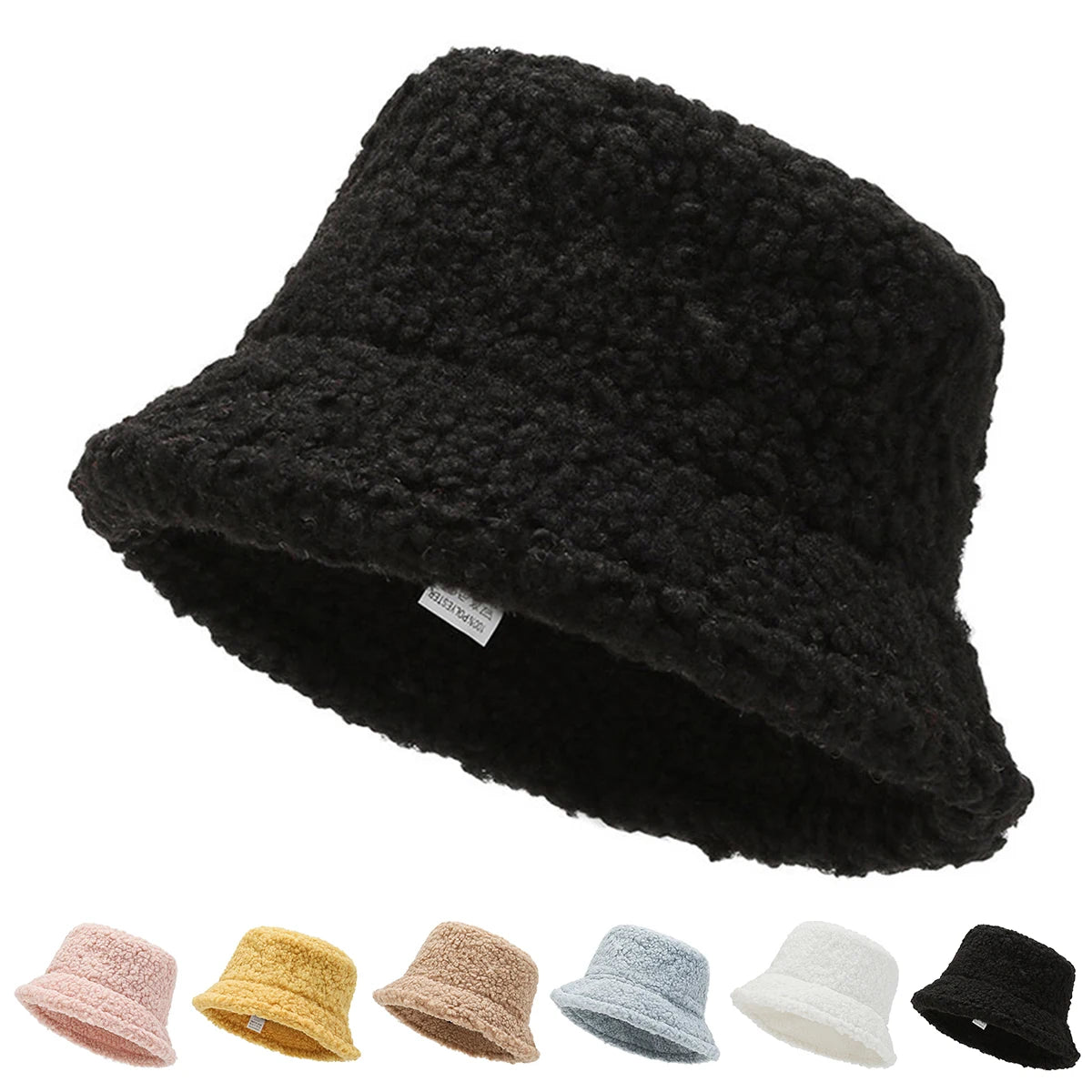 Unisex Solid Color Personality Lambhair Bucket Hats Warm Fishermen Caps