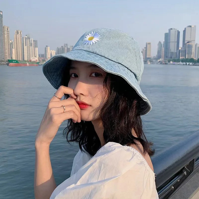 Korean Daisy Embroidery Bucket Hat Women Men