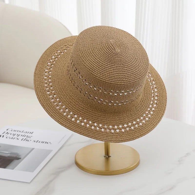 Woven Flat-Top Straw Hat For Women Summer