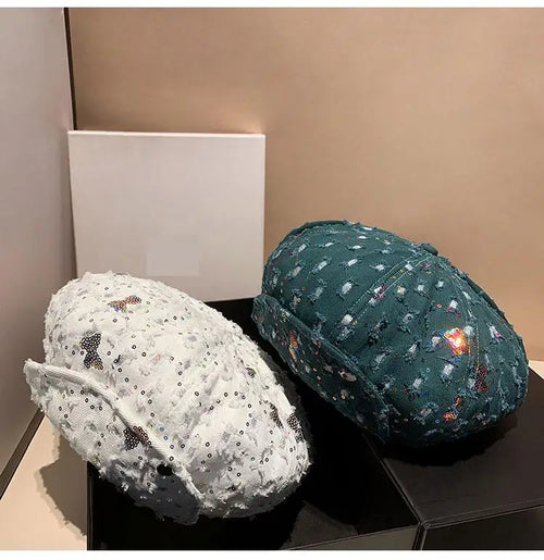Sequin Bow Denim Octagonal Hat Travel Holiday Beret Hat