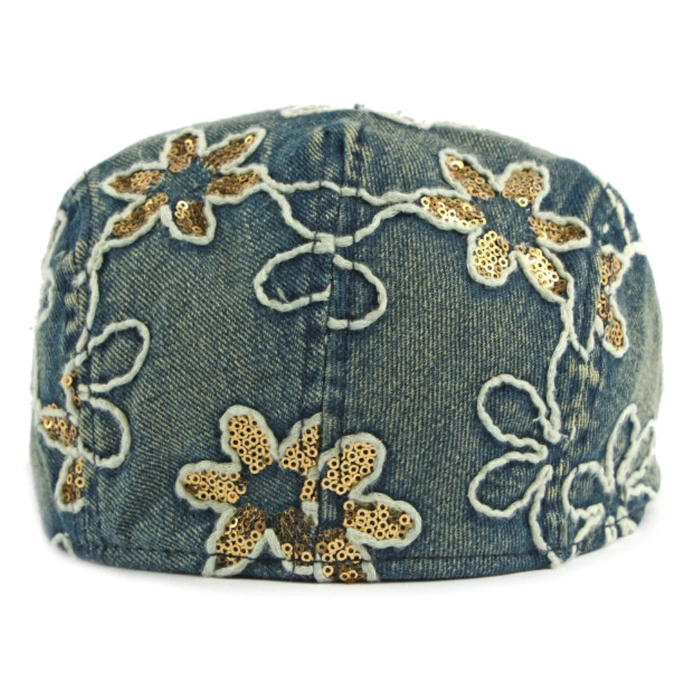 Male Female Cotton Ivy Flat Cap Stylish Sequin Flowers Denim Beret Cap