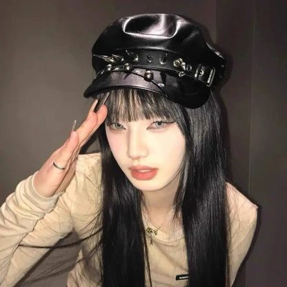 Vintage Rivet Beret Harajuku Y2K Girl Gothic Lolita Black Leather