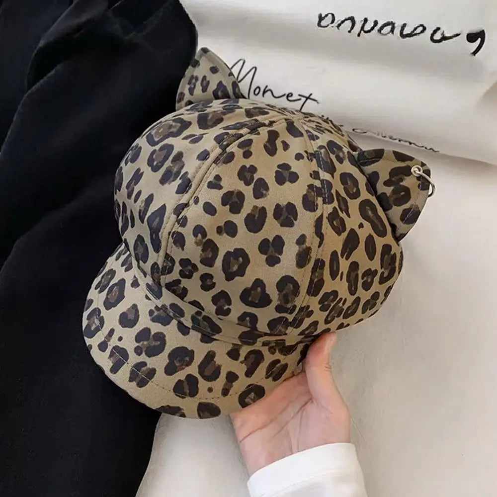 Retro Style Cat Ears Cap Leopard Print Octagonal Shape Cat