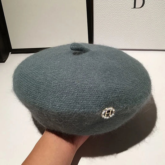Women Beret Hats Angora Rabbit Fur Winter Warm Knitted Cap