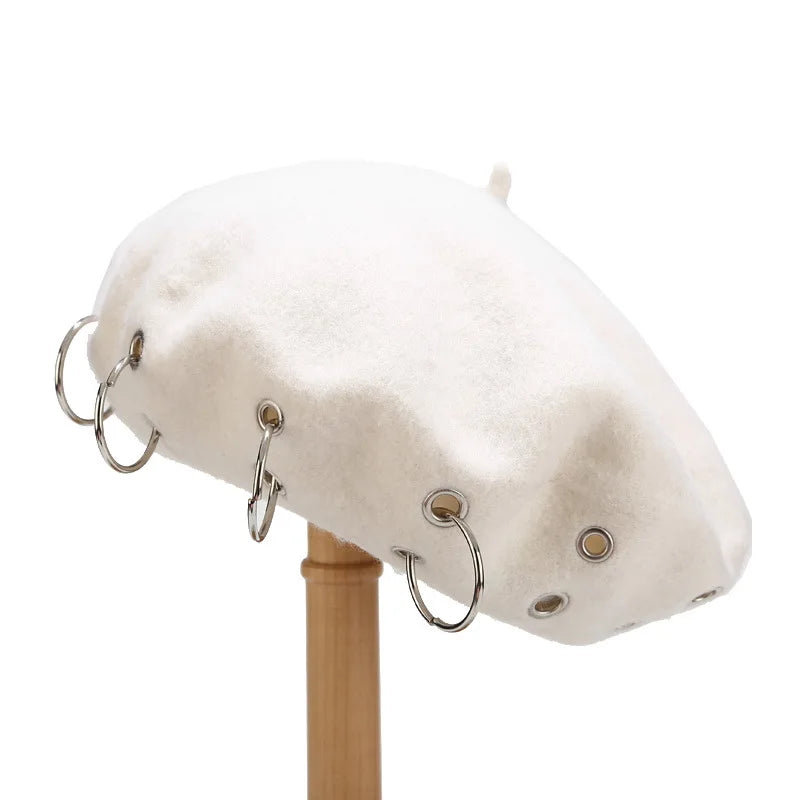 Personality Punk Style Beret Hat With Circular Hollow Rivet, Y2k Newsboy Caps
