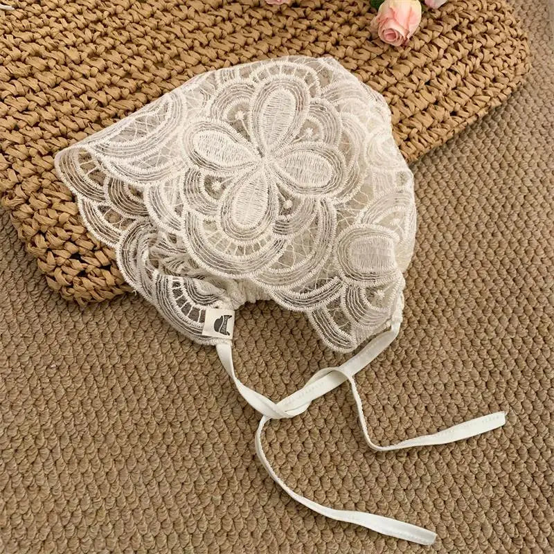 New Drawstring White Hollow Out Flower Bonnet Spring Women's Knitted