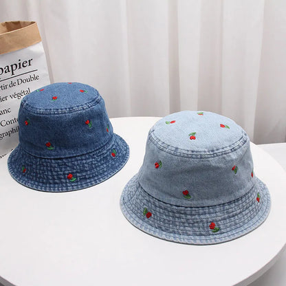 Summer Embroidery Cherry Washed Denim Bucket Hat For Women