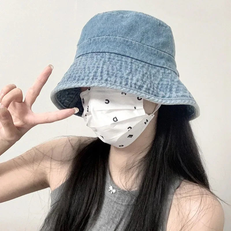 Solid Color Denim Bucket Hat Women Retro Washed