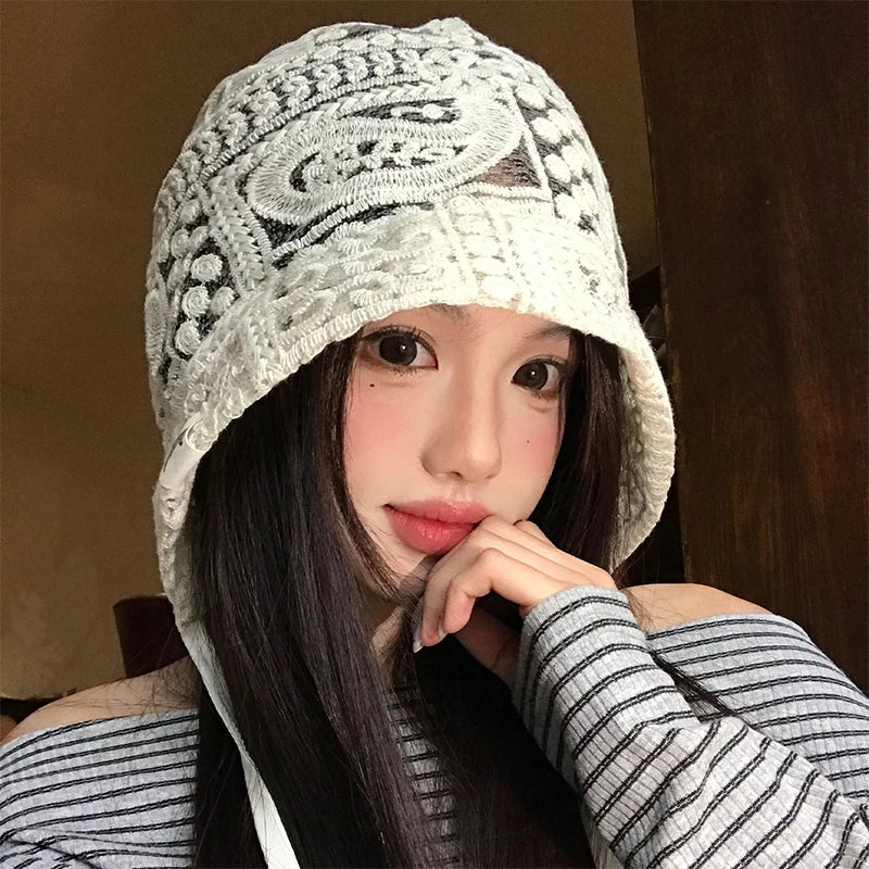 New Drawstring White Hollow Out Flower Bonnet Spring Women's Knitted