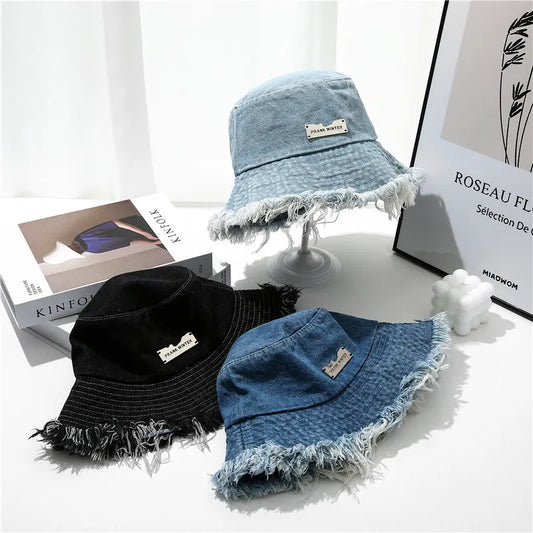 New Summer Washed Denim Blue Bucket Hat For Women