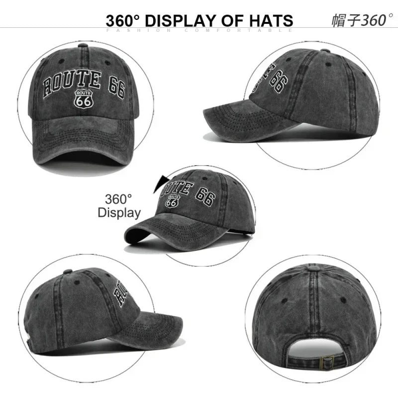 ROUTE 66 Letter Embroidered Baseball Cap Fashion Cotton Snapback Hat Hip Hop Caps Outdoor Hats