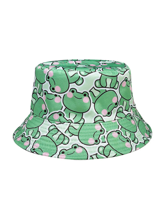 Cartoon Playful Frog Bucket Hat, Beach Sun Hat, Reversible, Foldable Stylish Bucket Hat