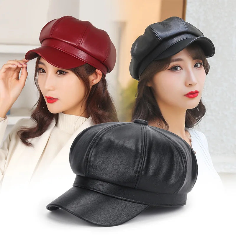 New Women PU Leather Berets Cap Hat