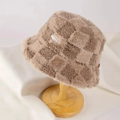 Plaid Checkered Women Bucket Hat Faux Fur Adjustable Checkered Basin Hat