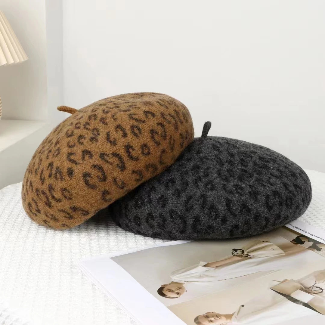 New 4 Colors Leopard Winter Beret Female Cap
