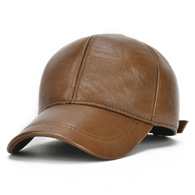 Men's Genuine Cowhide Leather Baseball Cap For Fall Winter Outdoor Sports Hat Men