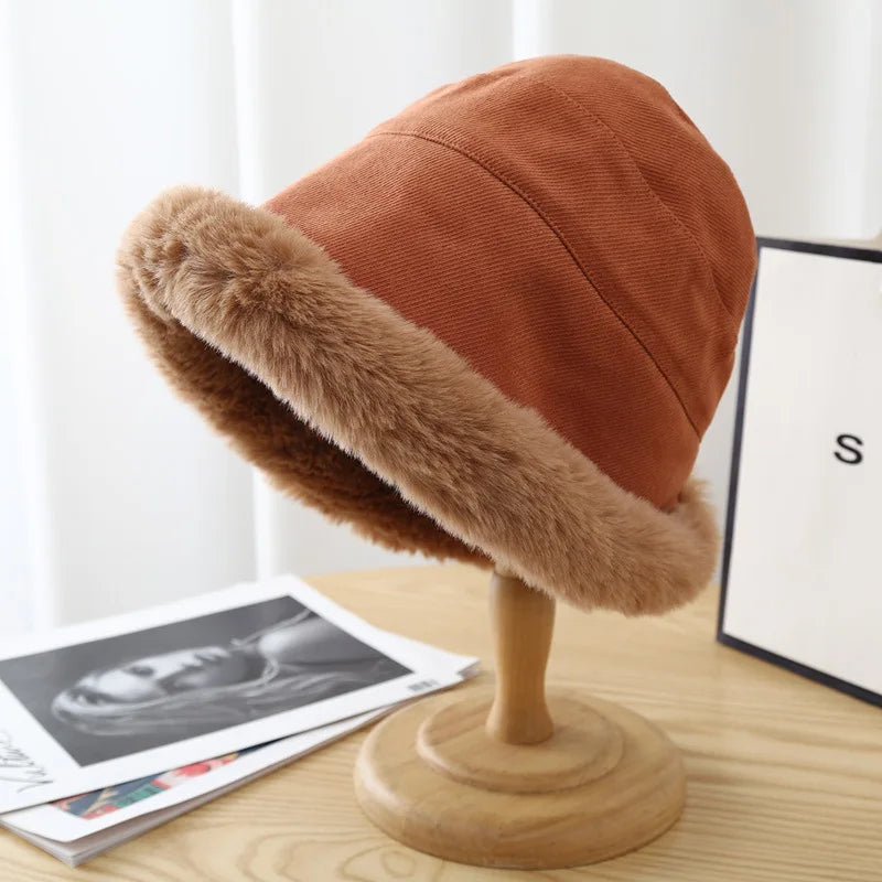 Fashion Fluffy Fur Bucket Hat For Women Winter Thick Warm Panama Fisherman Hat