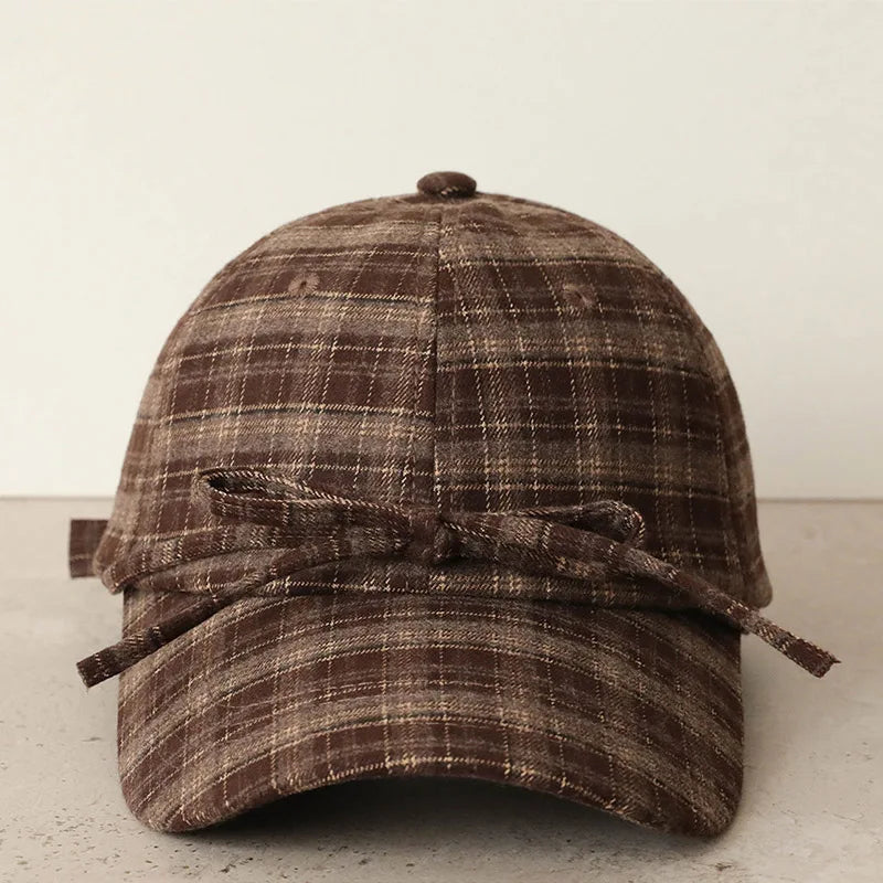 Retro Plaid Fabric Bow Decorated Baseball Cap