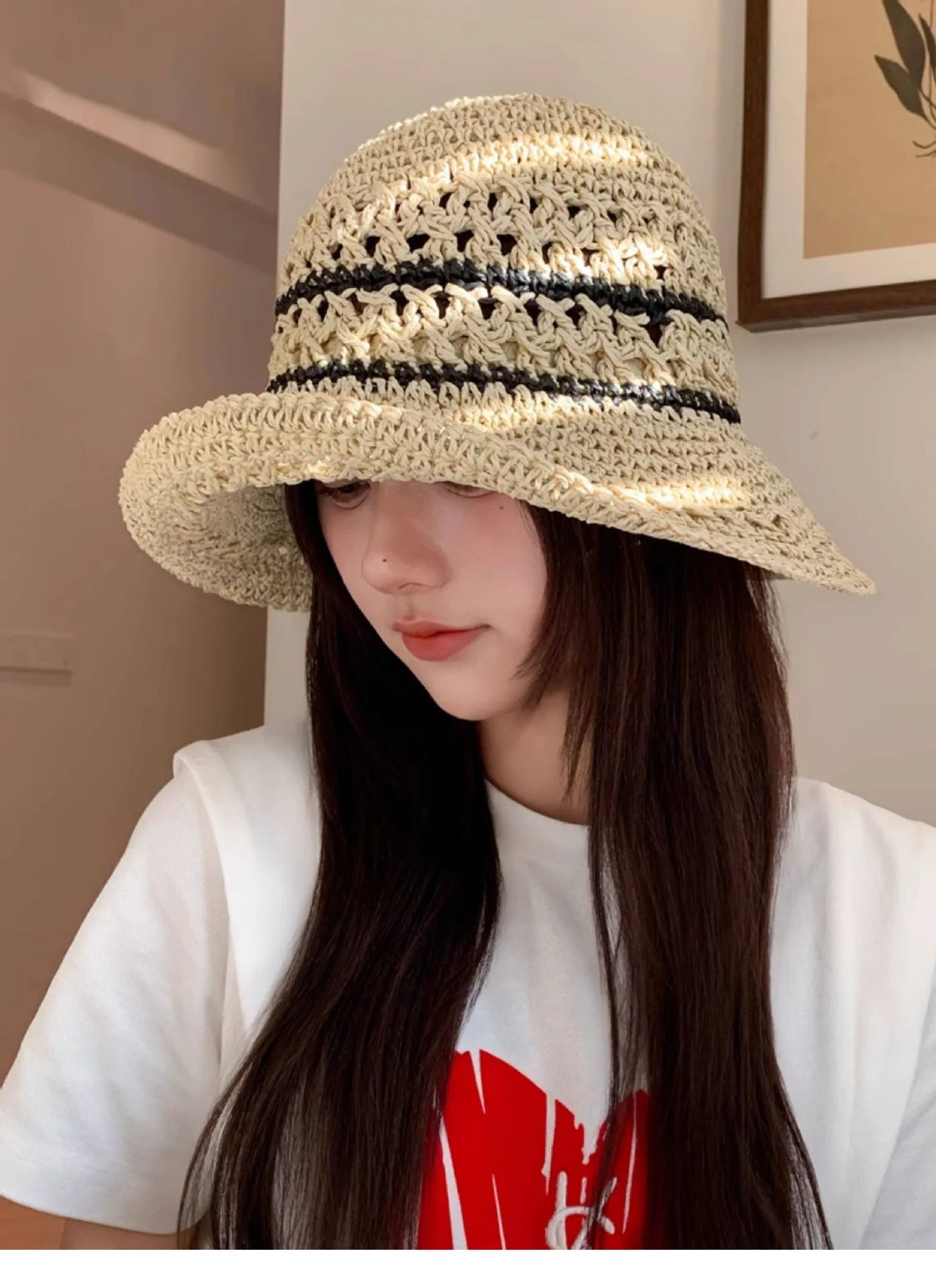 Striped Openwork Knitted Straw Hat Breathable Fisherman's Hat