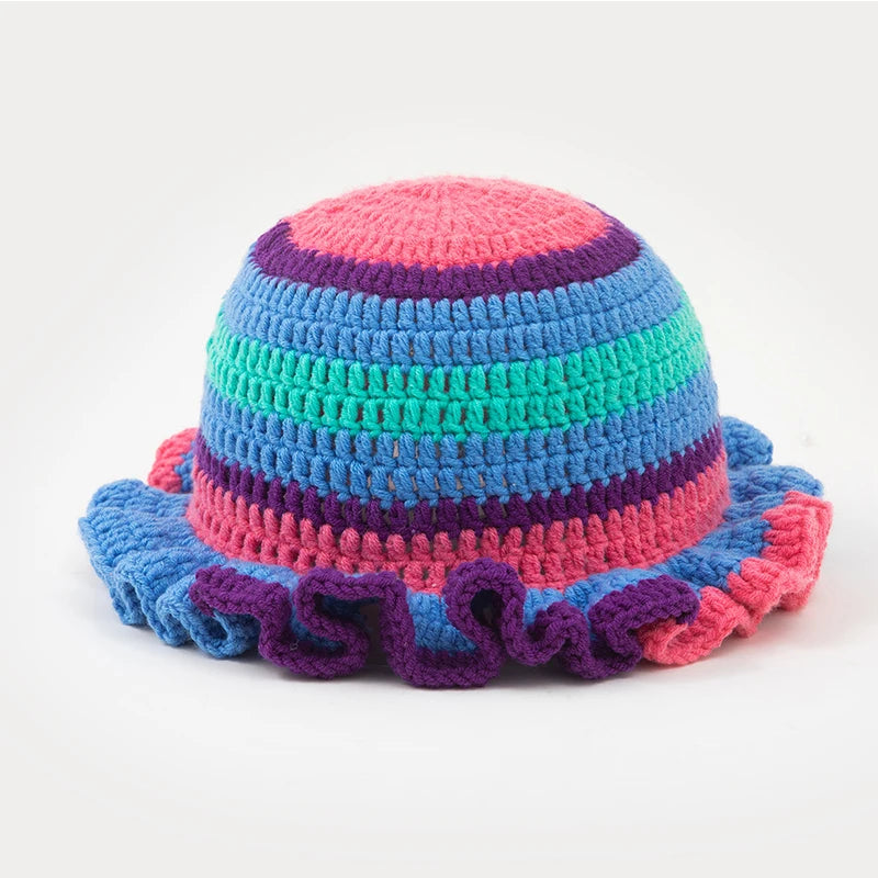 New Colorful Crochet Ruffle Brim Knit Bucket Hats