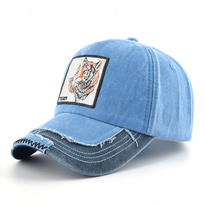 Vintage Denim Baseball Cap With Embroidery Animals