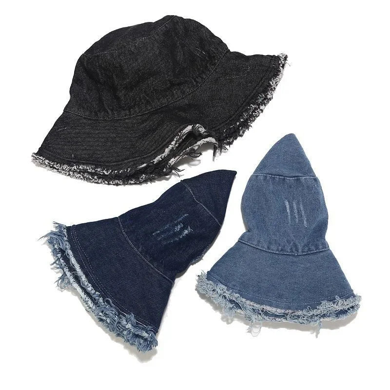 Denim Hole Burrs Flat Top Collapsible Fisherman Hat