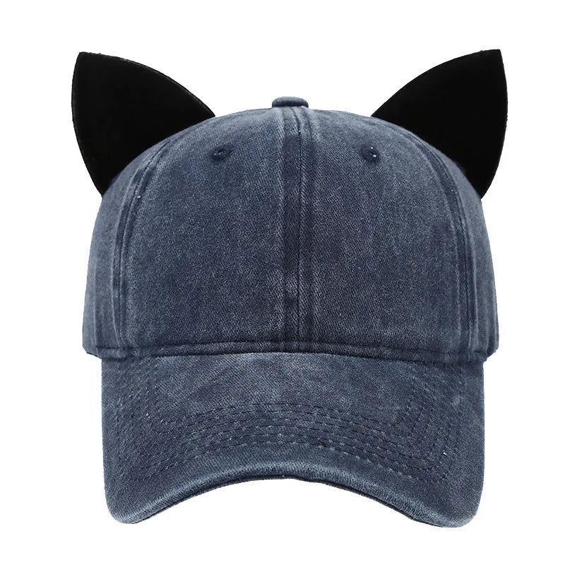 Washed Retro Cat Ear Baseball Cap Women