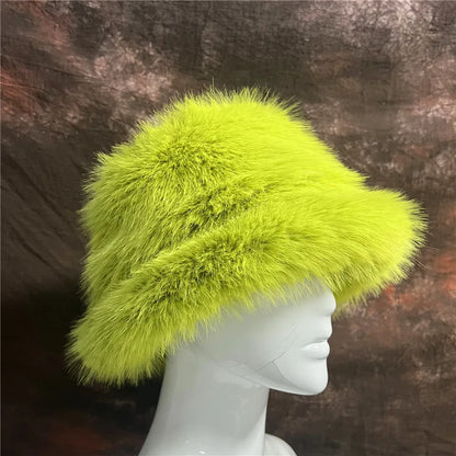 New Luxury Warm Faux Fur Bucket Hats Women