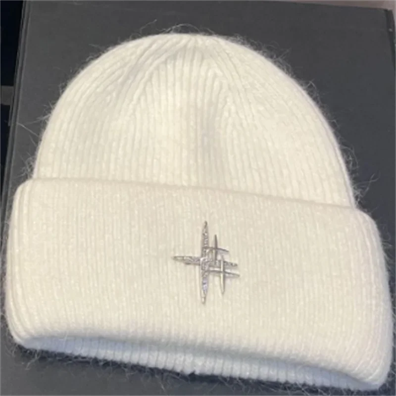 Women Luxury Rhinestone Logo Warm Wool Ear Hat