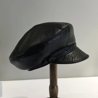 Vintage Pu Leather Octagonal Hat Women's Newsboy Cap Hundred With Outing Fall