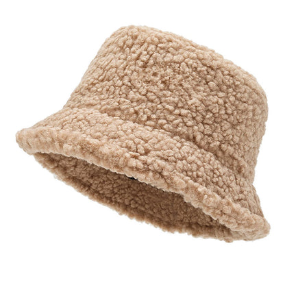 Unisex Solid Color Personality Lambhair Bucket Hats Warm Fishermen Caps