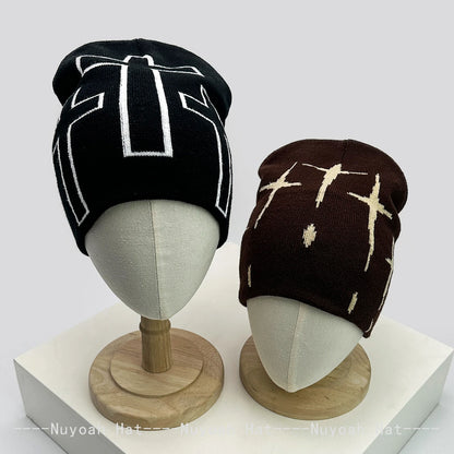 New Men Women Color Block Jacquard Cross Star Knitted Hats