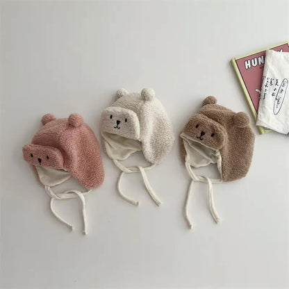 Cartoon Bear Plush Baby Hat Winter Polar Fleece Beanie Cap For Kids