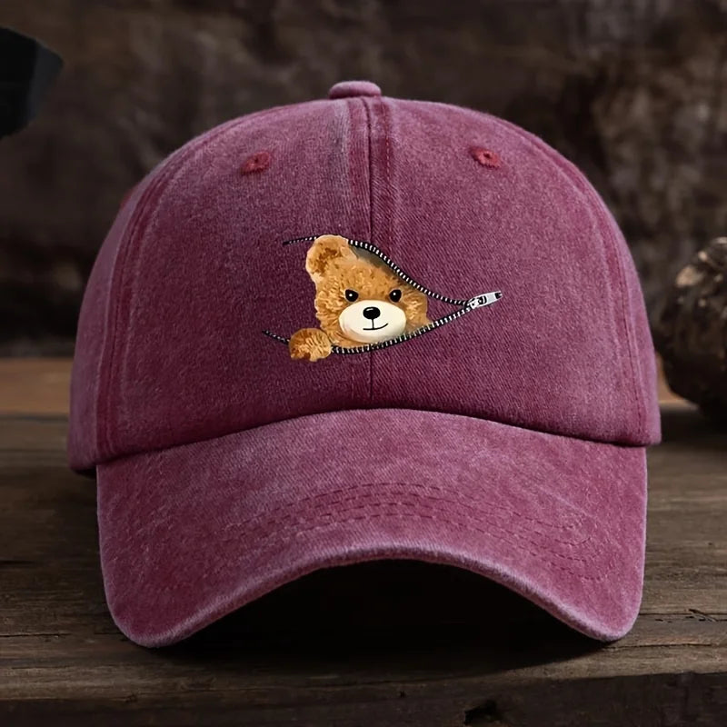 Zippered Bear Print Baseball Cap, Outdoor Sun Protection Cap Machine Washable Baseball Cap