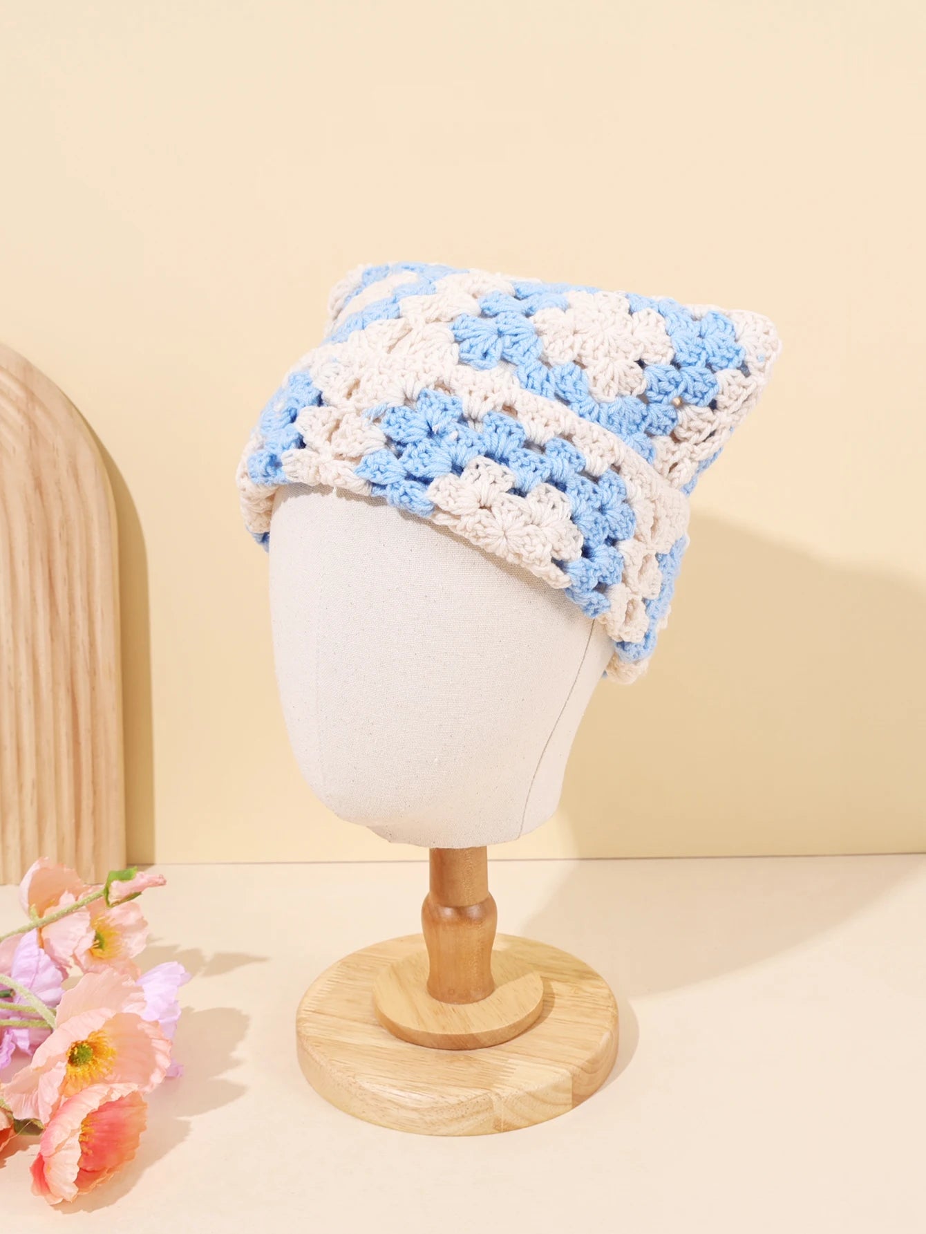 Niche Cute Cat Ear Color Matching Hand-Crocheted Beanie Hat