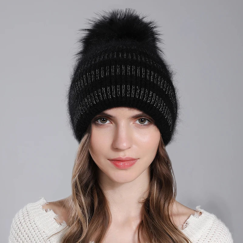 Hat For Women Angora Rabbit Fur Beanies With Natural Raccoon Fur Pompom Hats