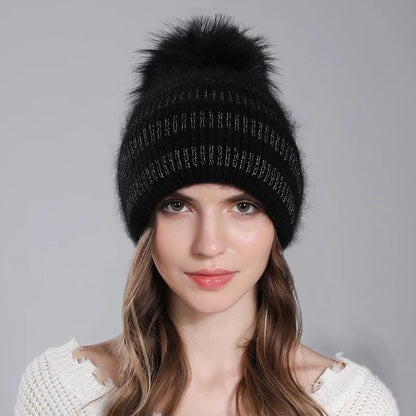 Hat For Women Angora Rabbit Fur Beanies With Natural Raccoon Fur Pompom Hats