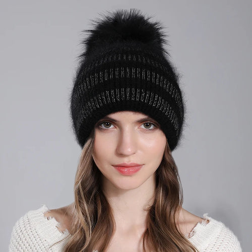 Hat For Women Angora Rabbit Fur Beanies With Natural Raccoon Fur Pompom Hats