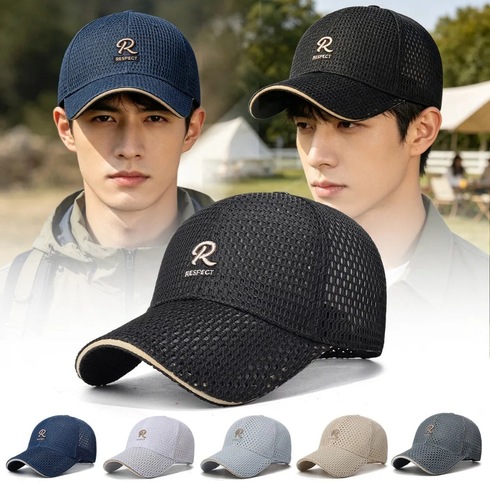 R Letter Embroidery Full Mesh Baseball Cap