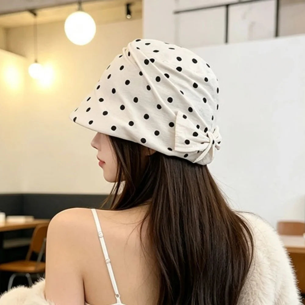 Dot-Patterned Equestrian Hat With Brim English-Style Black And White Beret