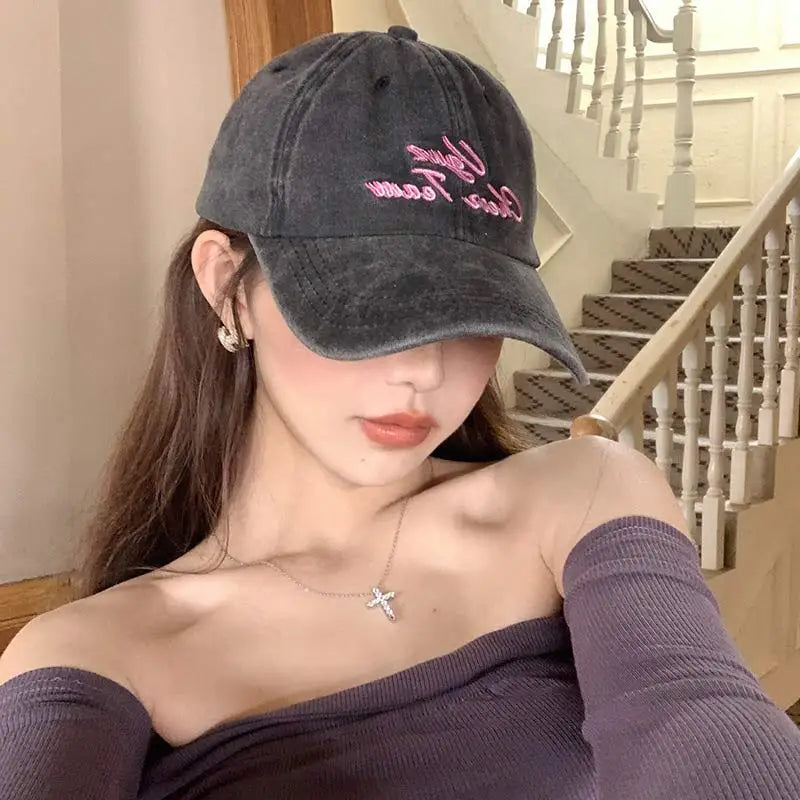 Vintage Washed Cotton Baseball Cap Women Letter Embroidery