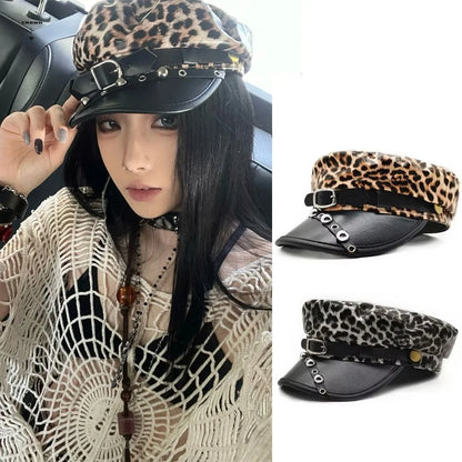 Fashion Sex Rivet Leopard Hat Punk Gothic Y2k Beret Hat