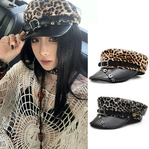 Fashion Sex Rivet Leopard Hat Punk Gothic Y2k Beret Hat