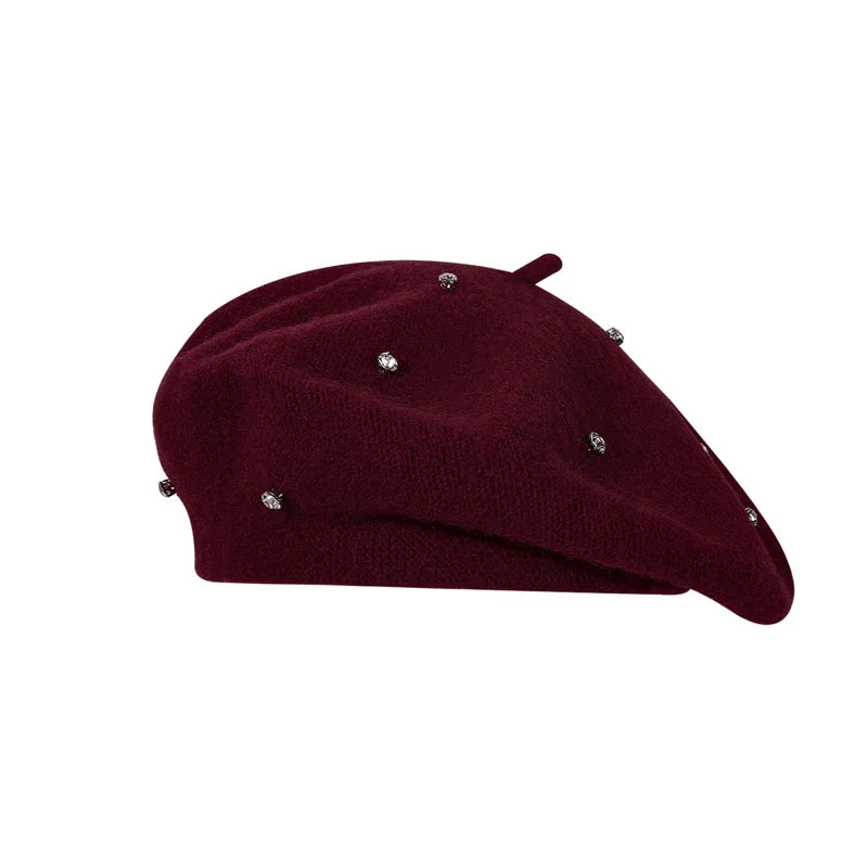 Rhinestone Women Beret Hat Autumn Winter Vintage French Artist Cap