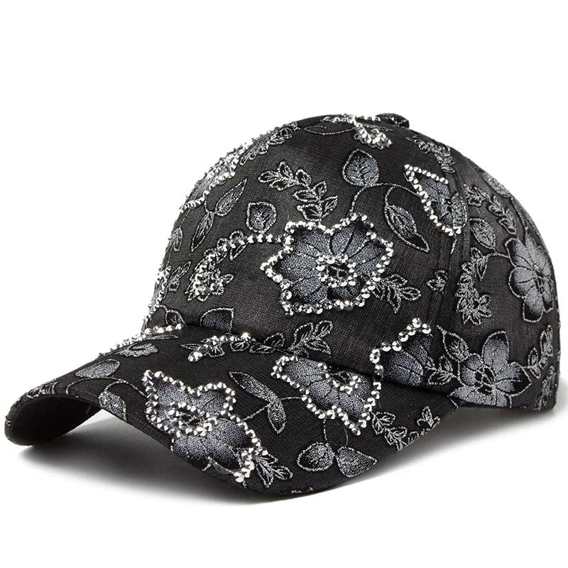 Women Baseball Cap Flower Print Rhinestone Lace