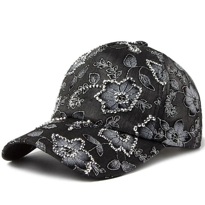 Women Baseball Cap Flower Print Rhinestone Lace