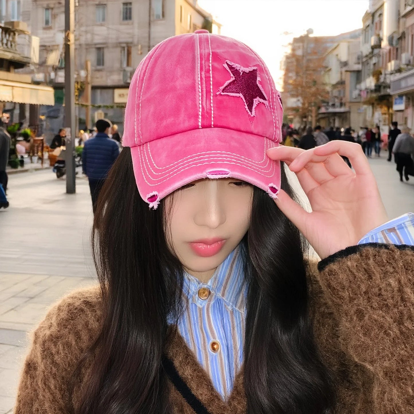 Retro Y2k Star Washed Denim Hole Star Baseball Cap