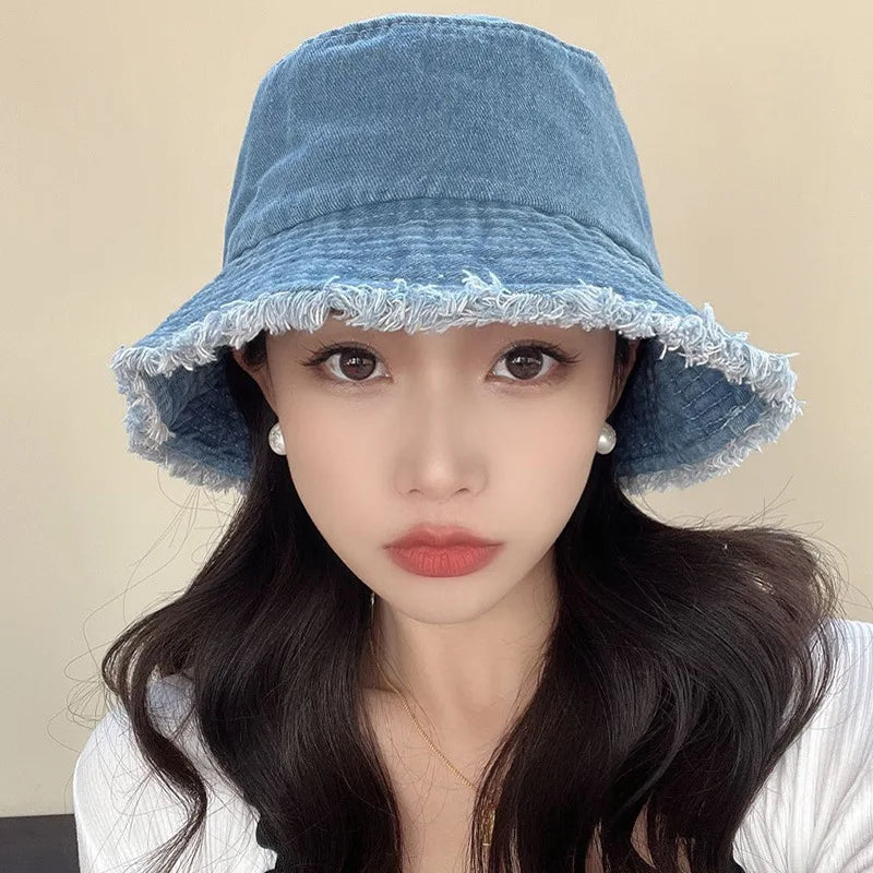 Vintage Denim Bucket Hat Distressed Frayed Brim
